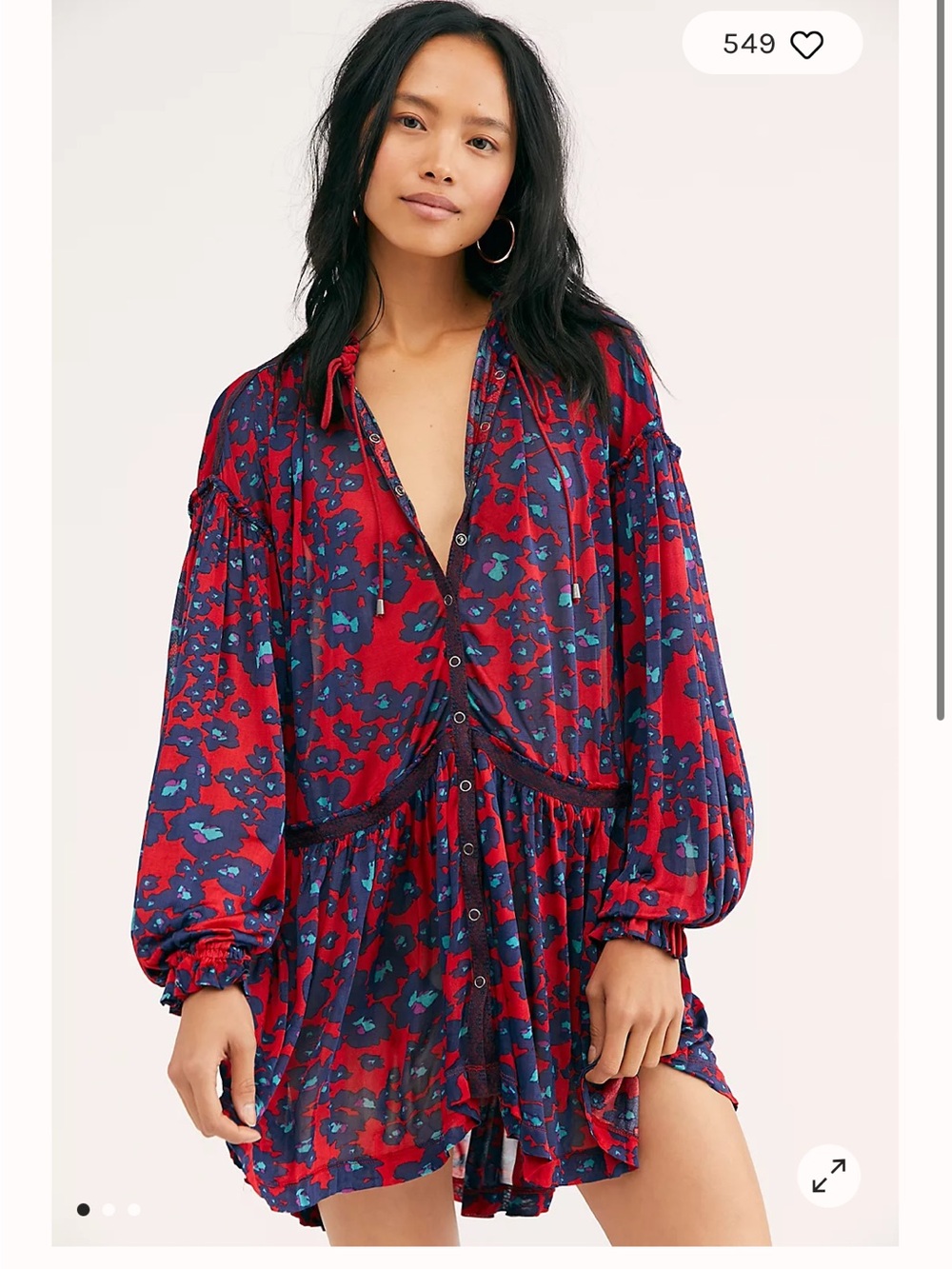 Free People Love Letter Tunic Top Mini Dress Merlot Combo Floral Red Blue